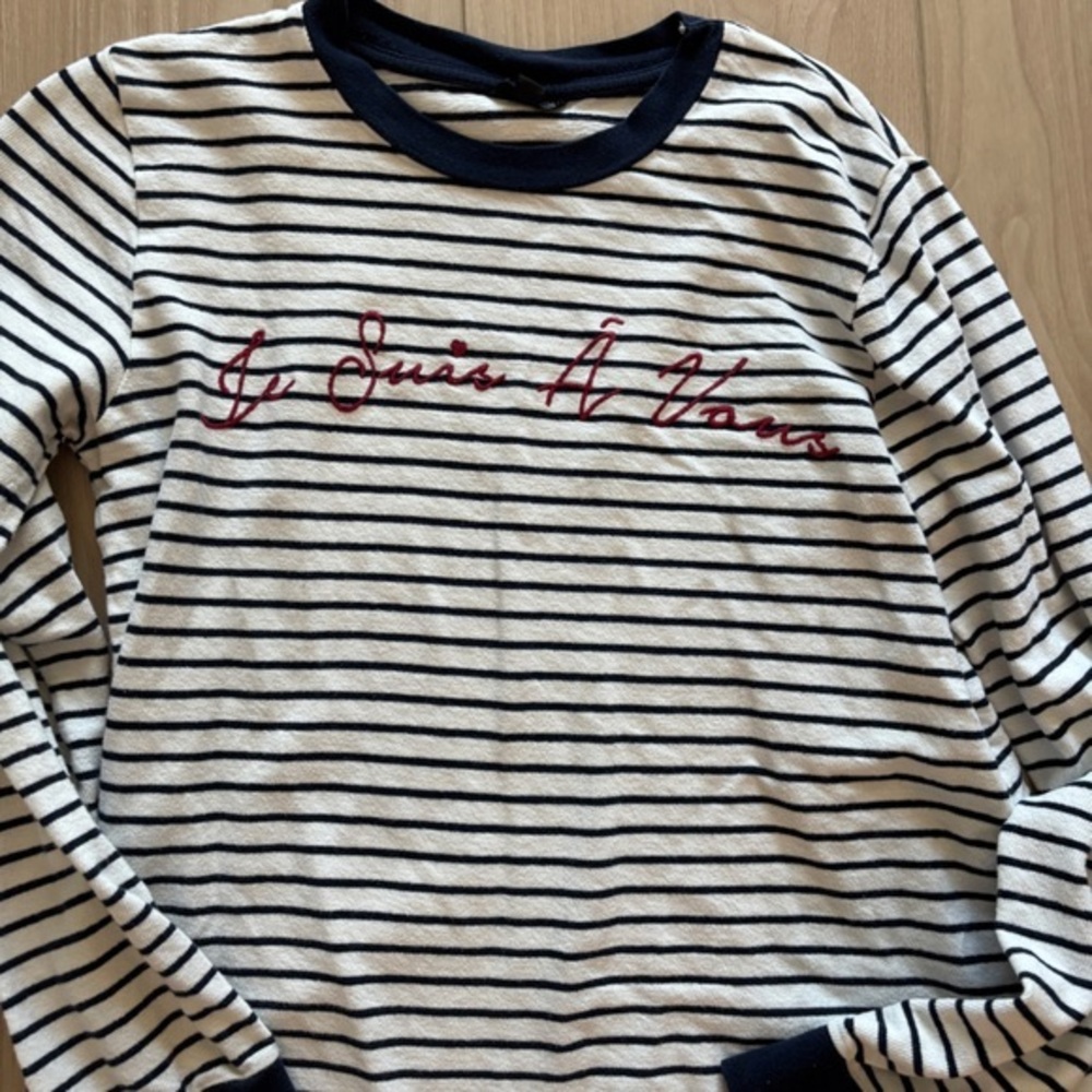 Topshop Cream and Navy Striped Long Sleeve Tee with Red Script